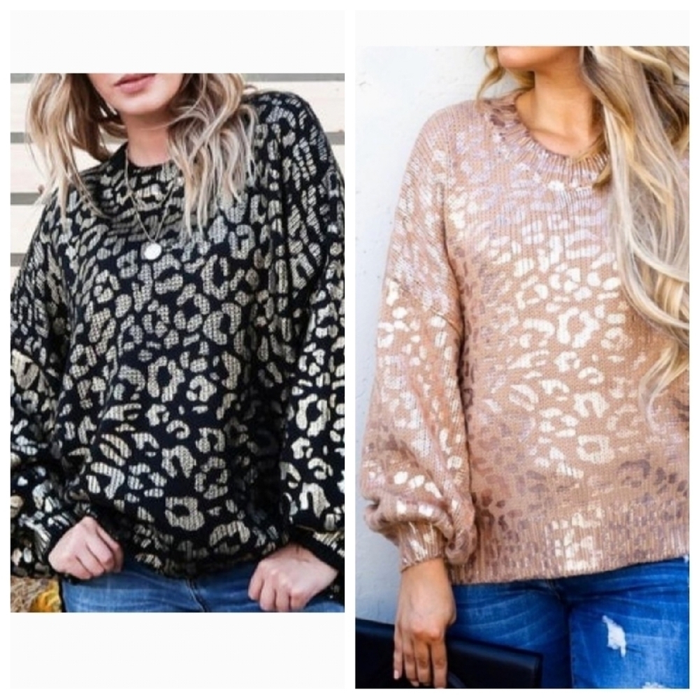 ANDTHEWHY Black Metallic Gold Cheetah Print Oversized Balloon Sleeve Sweater M/L